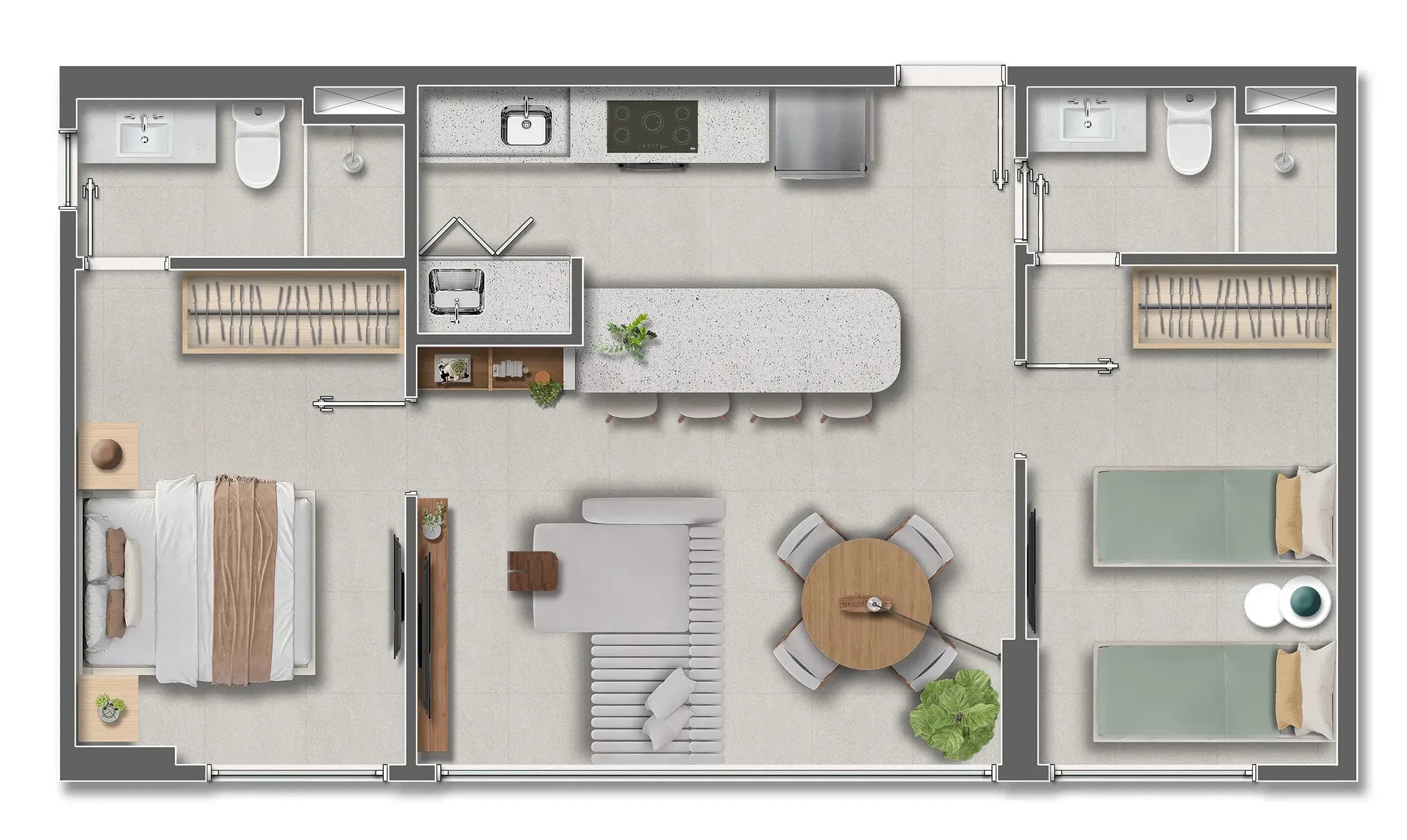 Planta humanizada do apartamento tipo 01, layout 01, do Blend Pituba