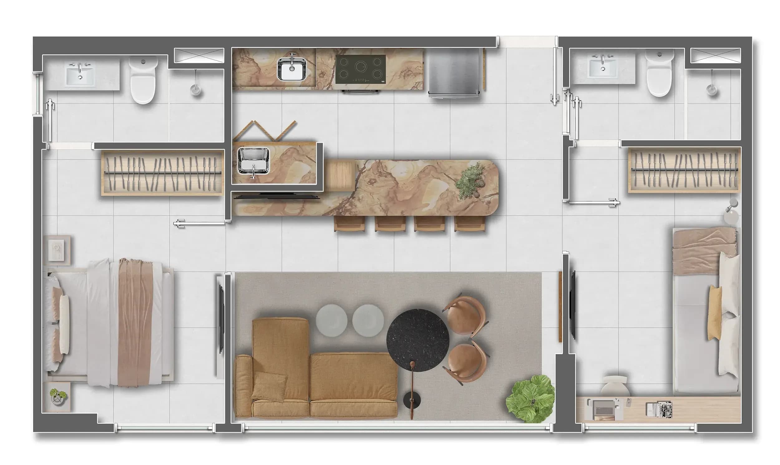 Planta humanizada do apartamento tipo 01, layout 02, do Blend Pituba