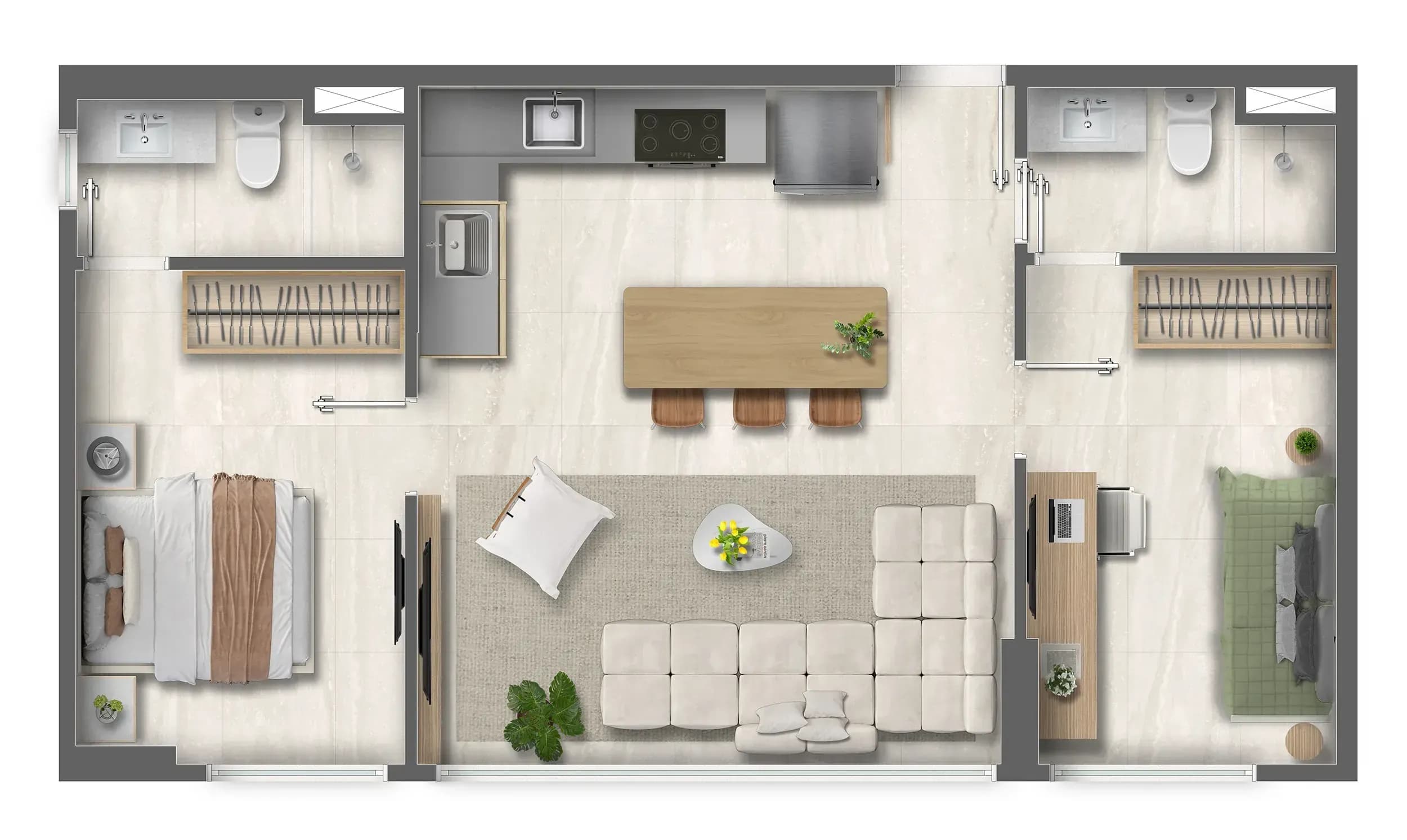 Planta humanizada do apartamento tipo 02 do Blend Pituba