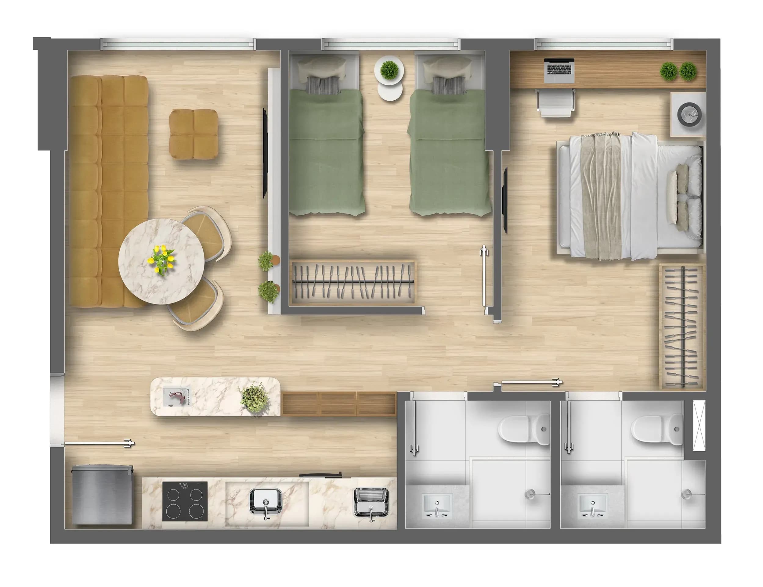 Planta humanizada do apartamento tipo 03 do Blend Pituba