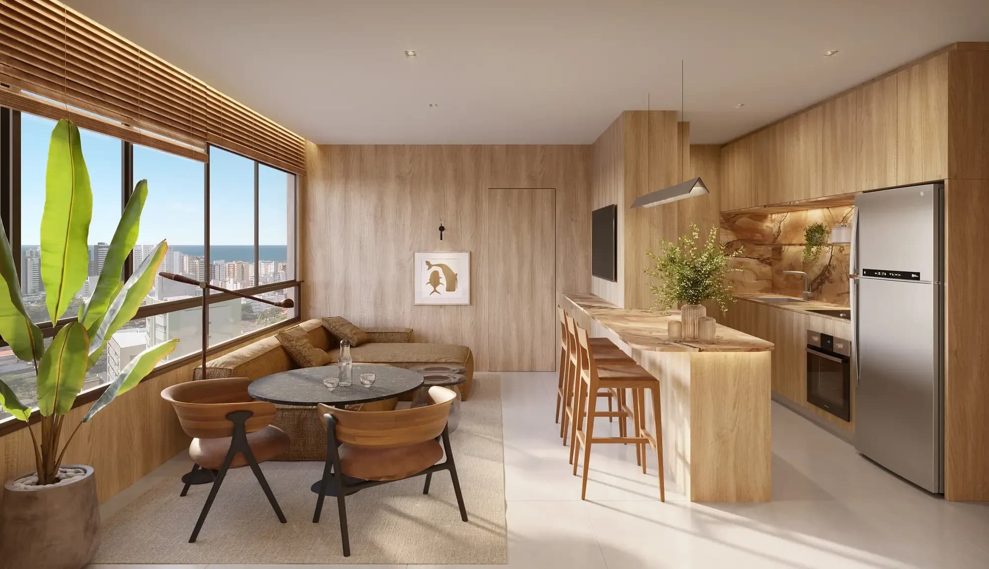 Living com varanda e cozinha integrada do Blend Pituba